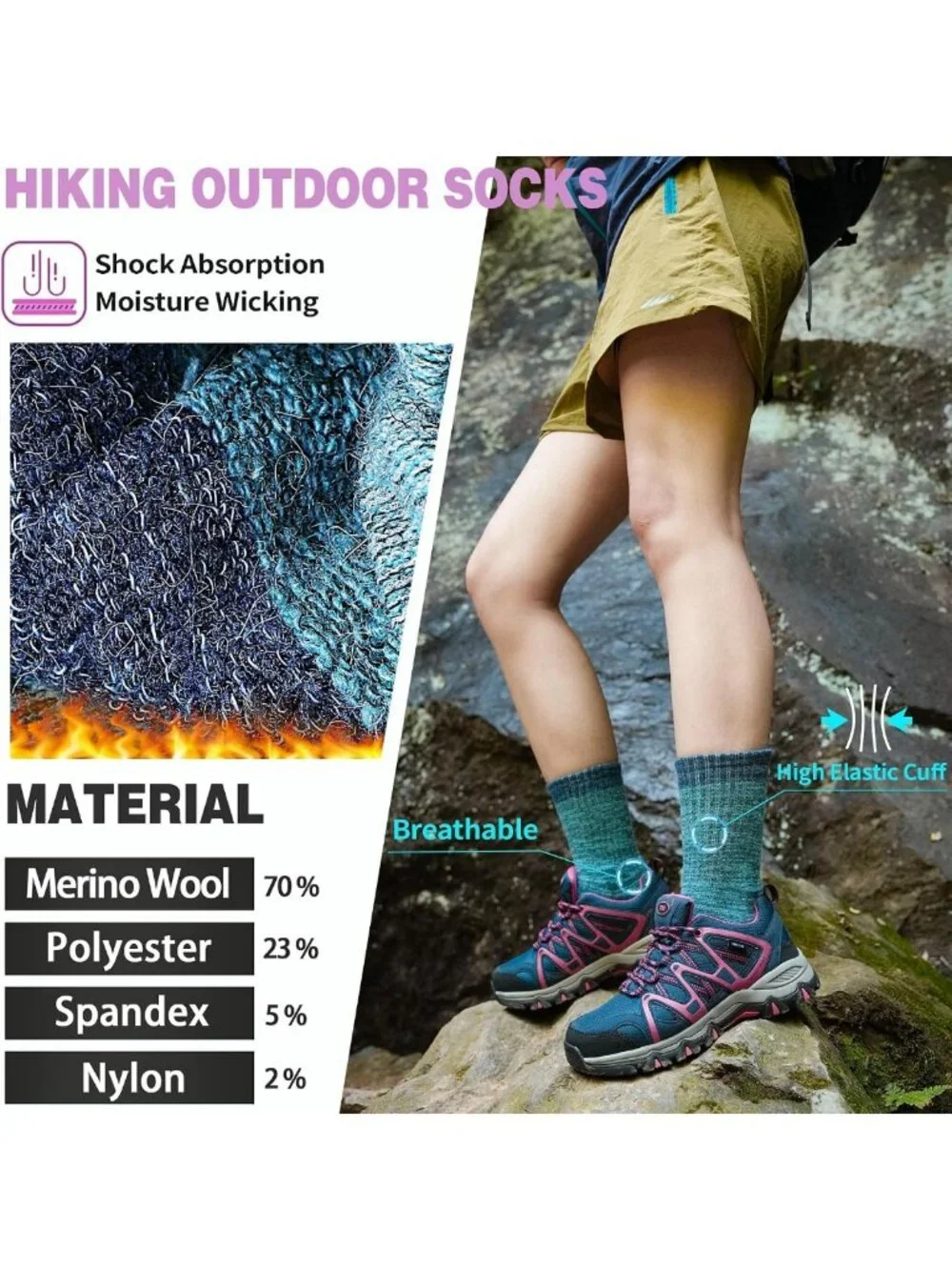 Cozy Merino Wool Hiking Socks - Thermal, Cushioned, Moisture-Wicking, 5 Pairs